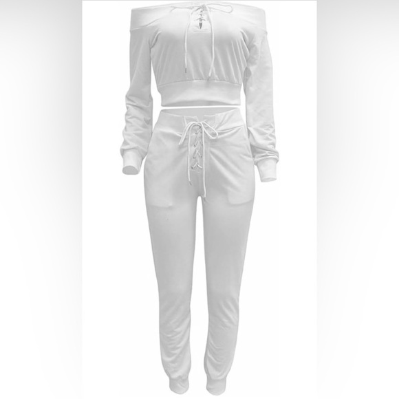 Long Sleeve Two Piece Outfit Tracksuit Lace Up Off Shoulder Casual Sweatsuit - Picture 3 of 14